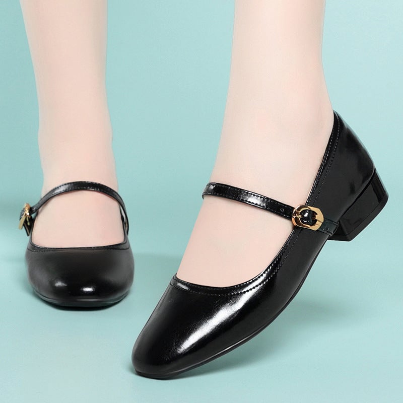 New Autumn Black Soft Leather Professional Shoes For Women, Comfortable And Versatile Work Shoes For Women, Square Toe Low Heel Mary Jane Shoes For Women - Image 3