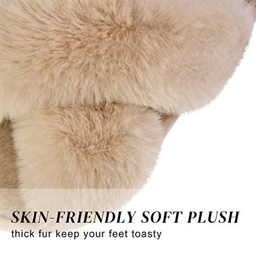 Parlovable Women's Fuzzy Slippers Comfy Cross Band House Shoes Memory Foam Open Toe Indoor Gifts for Ladies Camel 7-8 - Image 2