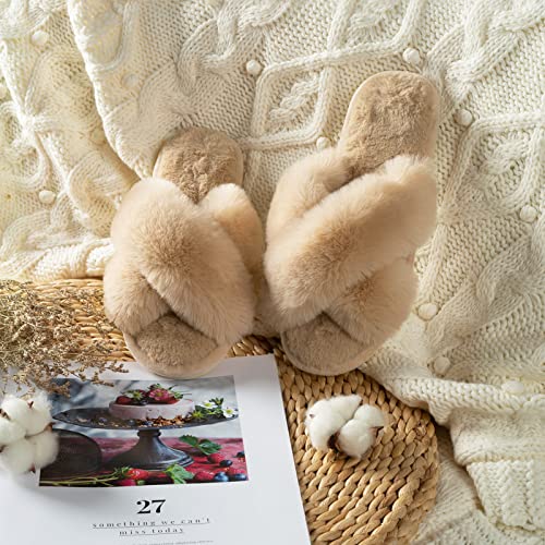 Parlovable Women's Fuzzy Slippers Comfy Cross Band House Shoes Memory Foam Open Toe Indoor Gifts for Ladies Camel 7-8 - Image 5