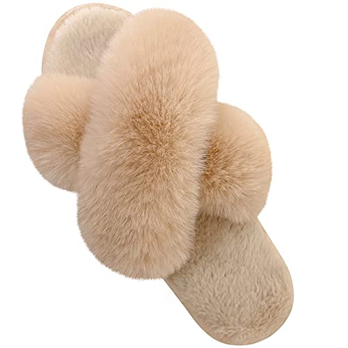 Parlovable Women's Fuzzy Slippers Comfy Cross Band House Shoes Memory Foam Open Toe Indoor Gifts for Ladies Camel 7-8 - Image 1