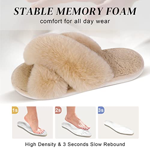 Parlovable Women's Fuzzy Slippers Comfy Cross Band House Shoes Memory Foam Open Toe Indoor Gifts for Ladies Camel 7-8 - Image 3