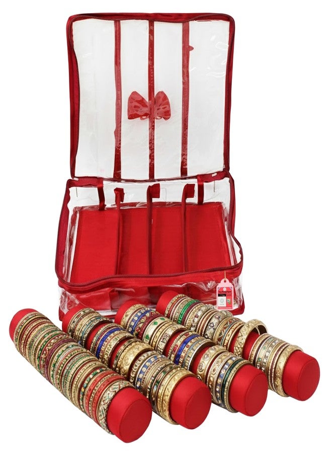 LUCES Satin Fabric 4 Rod Bangle Box Organizer for Women Girls Jewellery Pouch Storage Bag Makeup Travel Wardrobe Wedding Set for Bride Maroon - Image 1