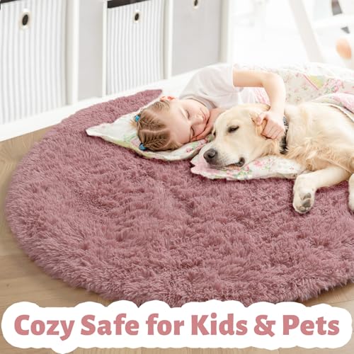 Amdrebio Blush Pink Fluffy Round Rug 5Ft for Bedroom, Fuzzy Plush Circle Area Rugs for Baby Kids Room Decor Aesthetic, Shaggy Circular Carpet for Teen Girls Nursery Dorm Playroom, Cute Dusty Rose Mauve Rug - Image 2
