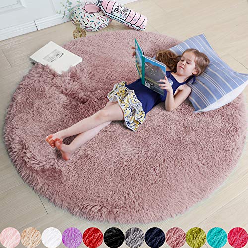 Amdrebio Blush Pink Fluffy Round Rug 5Ft for Bedroom, Fuzzy Plush Circle Area Rugs for Baby Kids Room Decor Aesthetic, Shaggy Circular Carpet for Teen Girls Nursery Dorm Playroom, Cute Dusty Rose Mauve Rug - Image 1