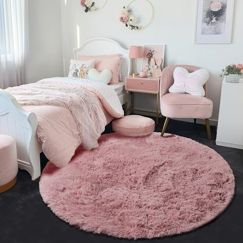 Amdrebio Blush Pink Fluffy Round Rug 5Ft for Bedroom, Fuzzy Plush Circle Area Rugs for Baby Kids Room Decor Aesthetic, Shaggy Circular Carpet for Teen Girls Nursery Dorm Playroom, Cute Dusty Rose Mauve Rug - Image 5