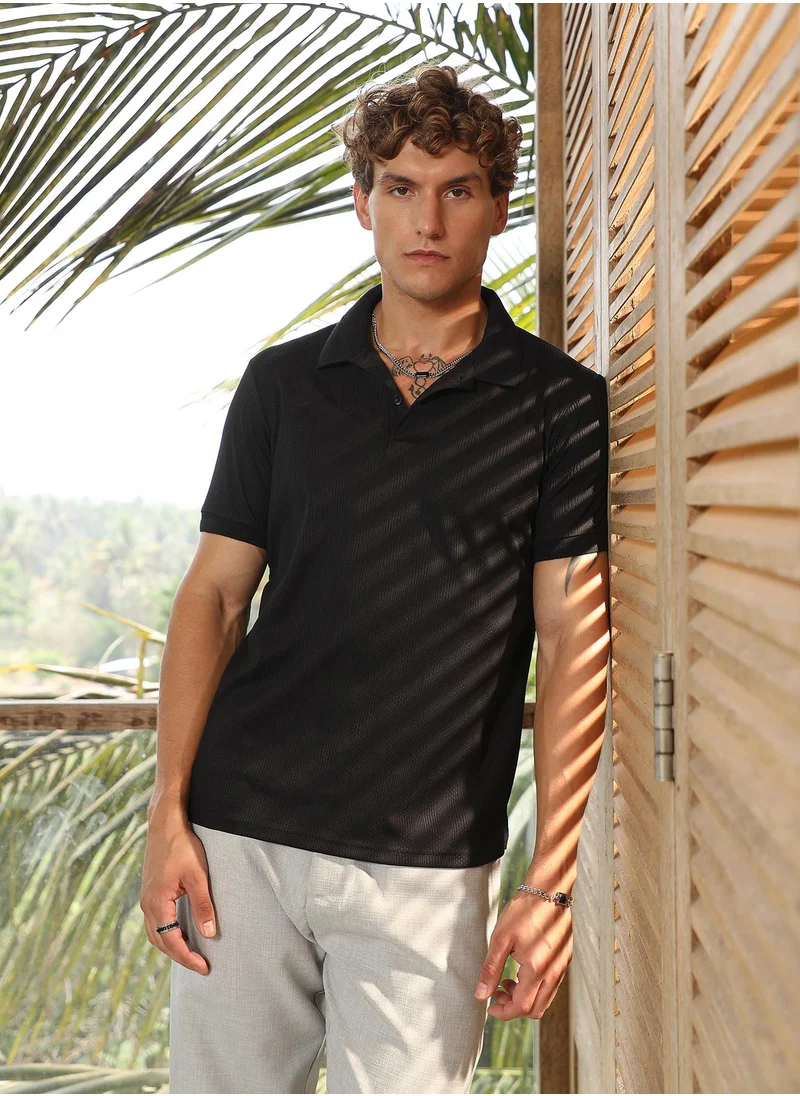 كامبوس سوترا Men's Onyx Black Ribbed -Tactile Polo T-Shirt For Casual Wear | Polo Neck | Short Cuffed Sleeves | Half-Button Closure | T-Shirt Crafted With Comfort Fit For Everyday Wear