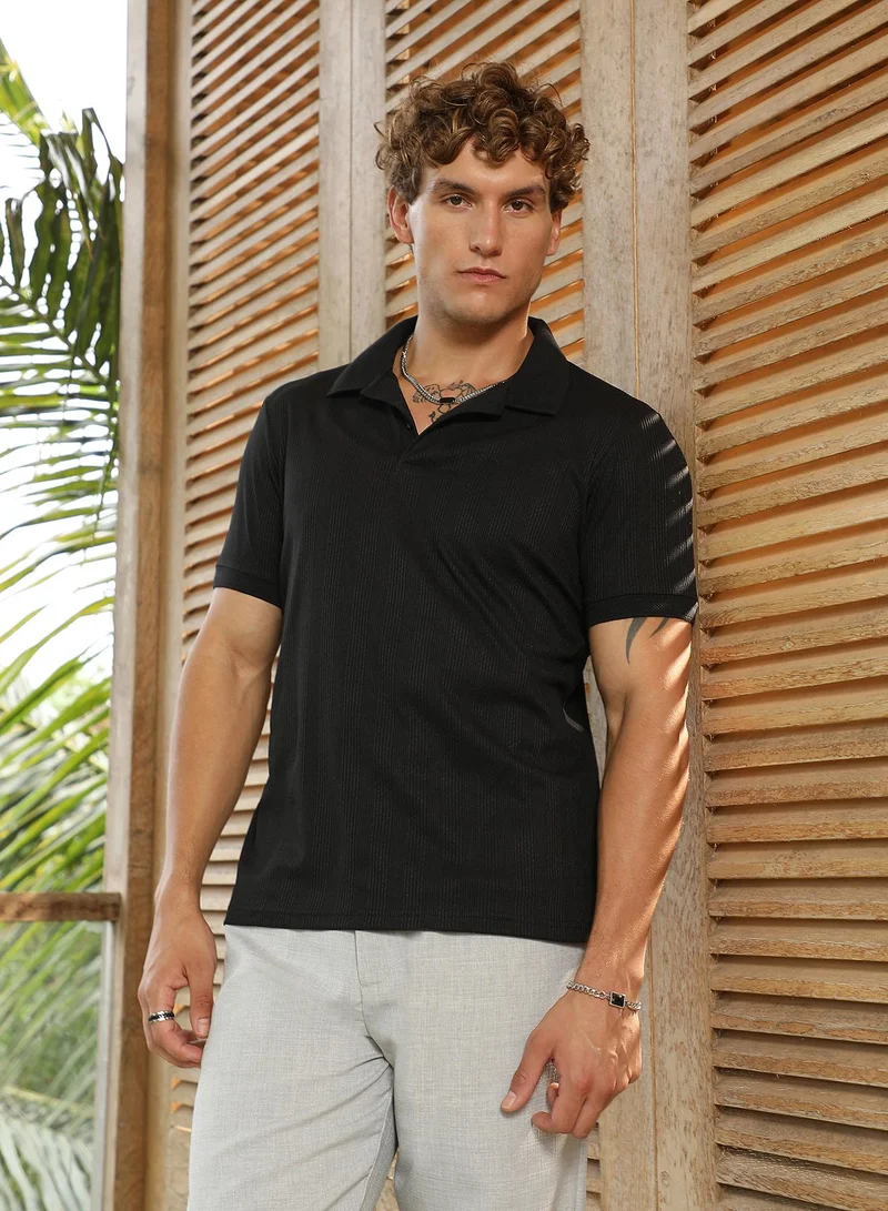 Campus Sutra Men's Onyx Black Ribbed -Tactile Polo T-Shirt For Casual Wear | Polo Neck | Short Cuffed Sleeves | Half-Button Closure | T-Shirt Crafted With Comfort Fit For Everyday Wear