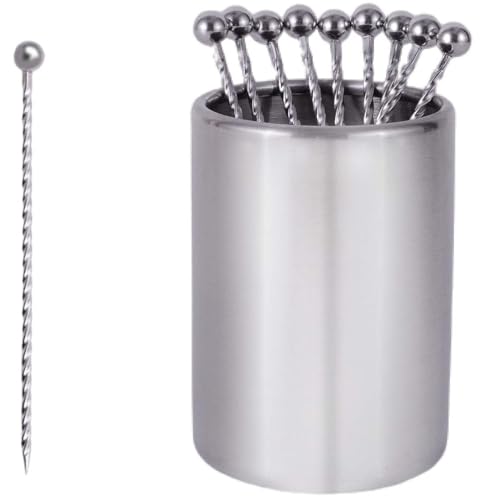 Lexenic 12Pack Metal Cocktail Picks + Holder Kit, Premium 304 Stainless Steel Cocktail Toothpicks,Reusable Skewers,Garnish Picks, Martini Picks for Olives Appetizers Fruit (12 Threads Silvery) - Image 1
