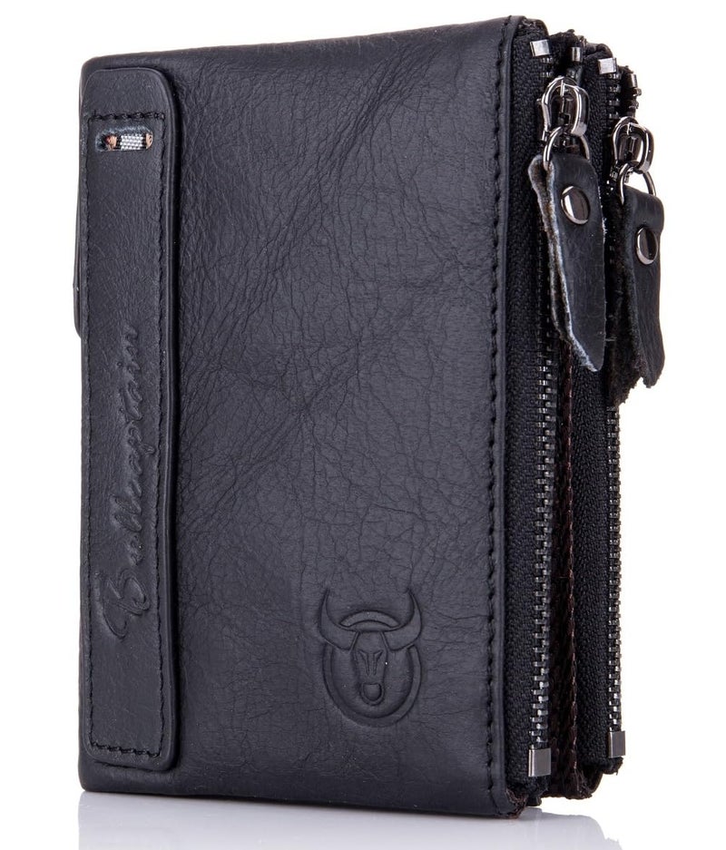 BULLCAPTAIN Genuine Leather Wallet for Men Vintage Bifold with Double Zipper Pockets (Black) - Image 1