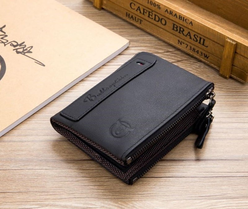 BULLCAPTAIN Genuine Leather Wallet for Men Vintage Bifold with Double Zipper Pockets (Black) - Image 3