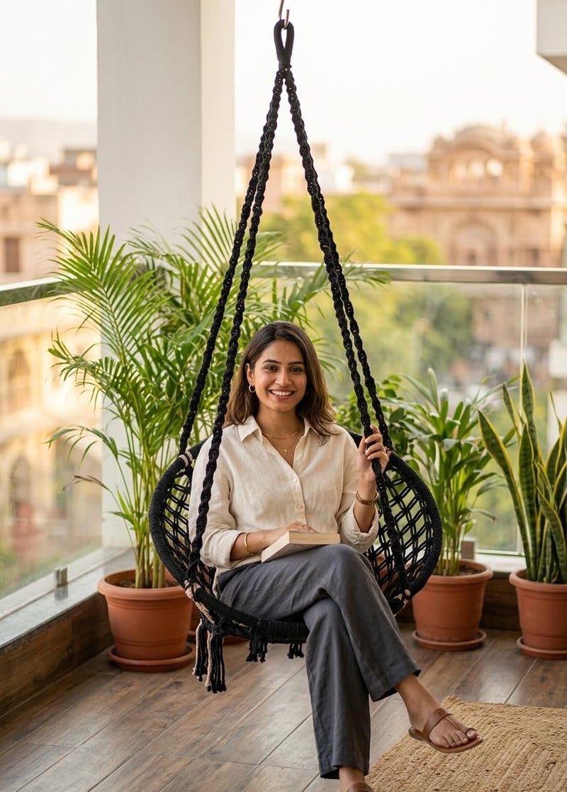 Patiofy Swing for Balcony/Jhula for Adults for Home/Swing Chair for Adults for Home/Hanging Swing Chair for Indoor and Outdoor with Hanging Kit (Black) - Image 1