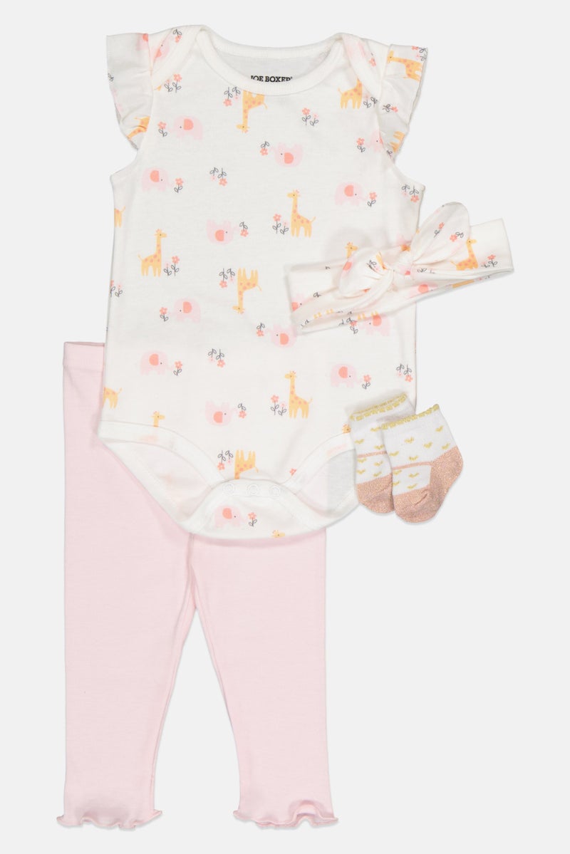 Joe Boxer Toddlers Girl 4 Pieces Romper, Pants, Socks And Headband Set, Multicolor - Image 1