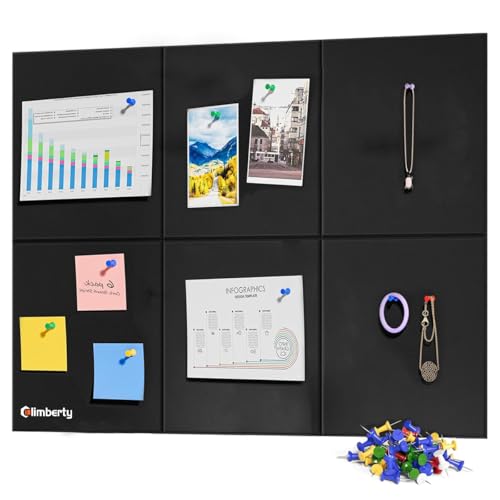 Climberty® 6Pcs Black Felt Bulletin Board 30x30cm Self-Adhesive Wall Board with 50pcs Drawing Pins Felt Message Board for Notes Photos Reminders Decoration Schedules for Office Home Dorm (Black) - Image 1