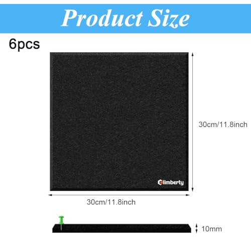 Climberty® 6Pcs Black Felt Bulletin Board 30x30cm Self-Adhesive Wall Board with 50pcs Drawing Pins Felt Message Board for Notes Photos Reminders Decoration Schedules for Office Home Dorm (Black) - Image 2