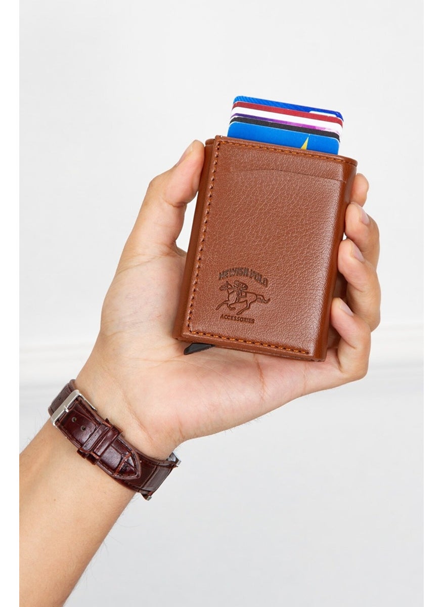Tan Patterned Unisex Wallet and Card Holder with Mechanism