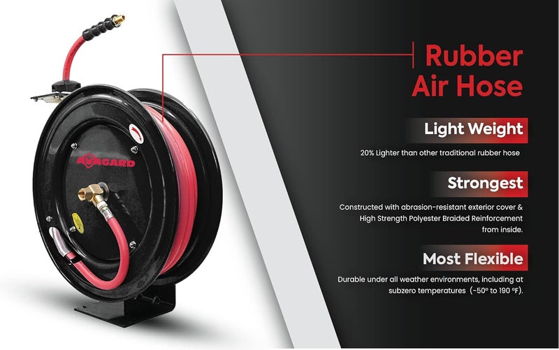 BluBird AVAGARD AVGR3850 Metal Retractable Hose Reel with Premium 38 x 50 Rubber Air Hose 20 Lighter 100 Rubber SuperLight SuperStrong Flexible Range 40F to 180F - Image 4