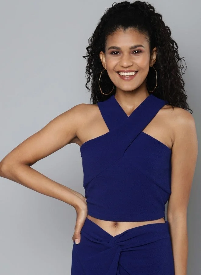 SASSAFRAS Blue Halter Neck Crop Top for Women