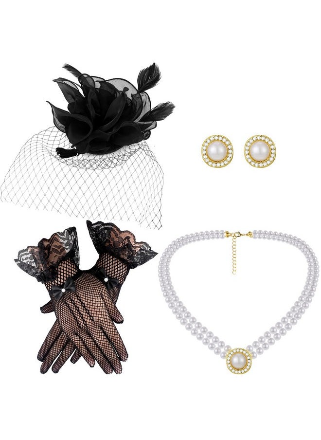 Bencailor - Fascinator Hat For Women Funeral Veil Hats Set Include Mesh Hats Lace Gloves Necklace Earring For Tea Party(Stylish Style) - Image 1