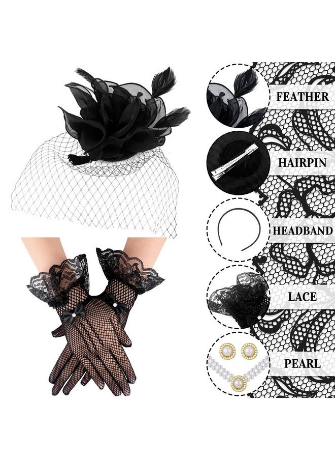 Bencailor - Fascinator Hat For Women Funeral Veil Hats Set Include Mesh Hats Lace Gloves Necklace Earring For Tea Party(Stylish Style) - Image 1