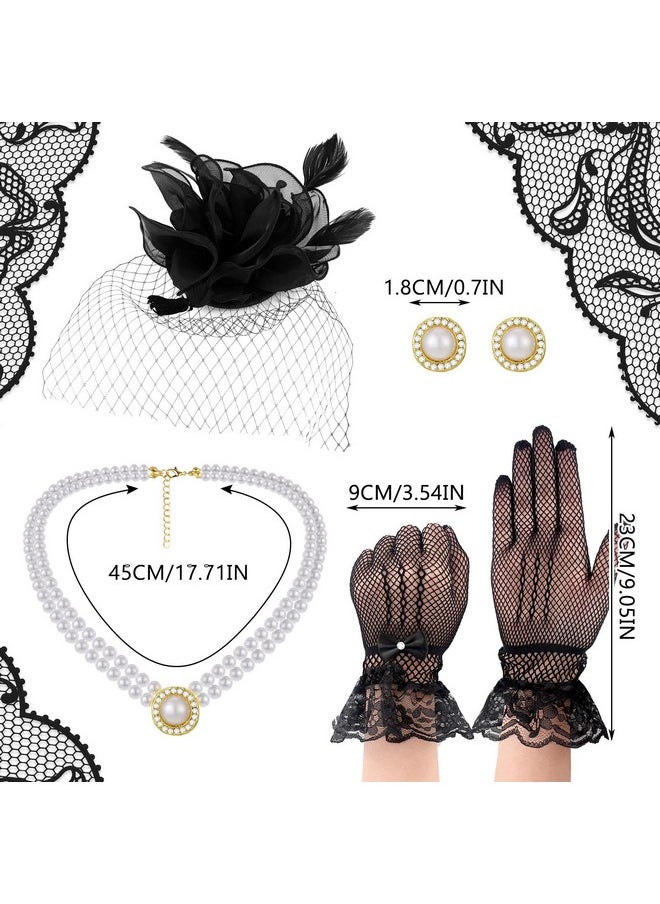 Bencailor - Fascinator Hat For Women Funeral Veil Hats Set Include Mesh Hats Lace Gloves Necklace Earring For Tea Party(Stylish Style) - Image 1