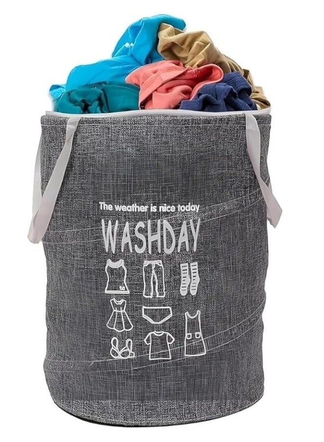 Round Fabric Laundry Basket, Foldable Waterproof Storage Basket with Zippered Lid Perfect for Clothes, Toys and Space Organization 40 x 49 cm - Grey - Image 1