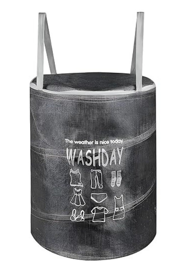 Round Fabric Laundry Basket, Foldable Waterproof Storage Basket with Zippered Lid Perfect for Clothes, Toys and Space Organization 40 x 49 cm - Grey - Image 2