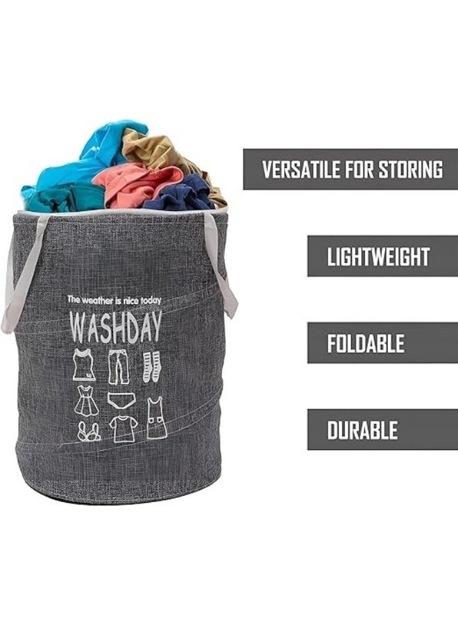 Round Fabric Laundry Basket, Foldable Waterproof Storage Basket with Zippered Lid Perfect for Clothes, Toys and Space Organization 40 x 49 cm - Grey - Image 3