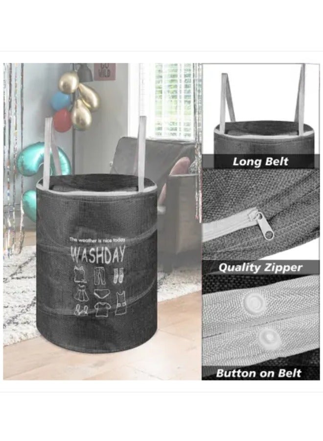 Round Fabric Laundry Basket, Foldable Waterproof Storage Basket with Zippered Lid Perfect for Clothes, Toys and Space Organization 40 x 49 cm - Grey - Image 5