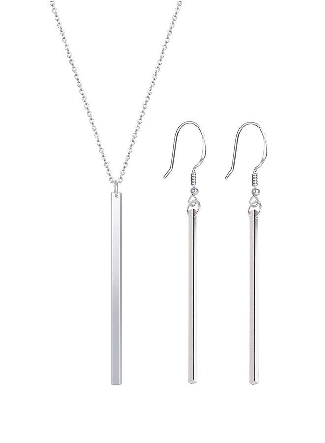 CULOVITY Simple Long Necklace Earrings Set Vertical Bar Pendant Necklaces Bar Drop Earrings Lariat Chain for Women, 2.4" Pendant 35" Chain Silver-Plated - Image 1
