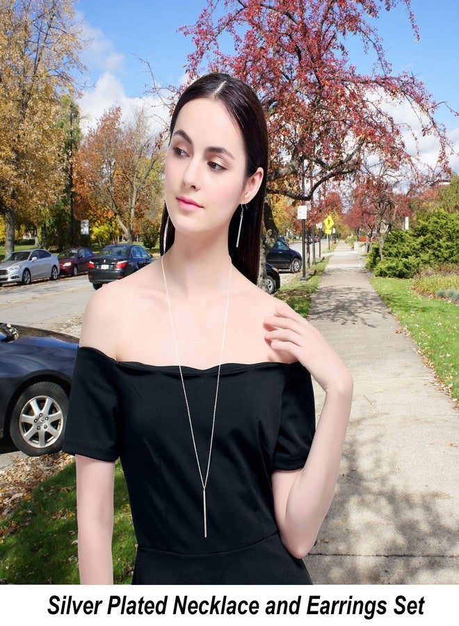 CULOVITY Simple Long Necklace Earrings Set Vertical Bar Pendant Necklaces Bar Drop Earrings Lariat Chain for Women, 2.4" Pendant 35" Chain Silver-Plated - Image 3