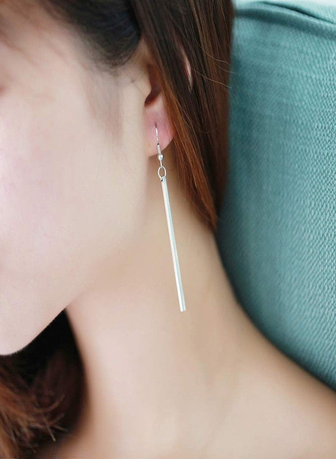 CULOVITY Simple Long Necklace Earrings Set Vertical Bar Pendant Necklaces Bar Drop Earrings Lariat Chain for Women, 2.4" Pendant 35" Chain Silver-Plated - Image 4