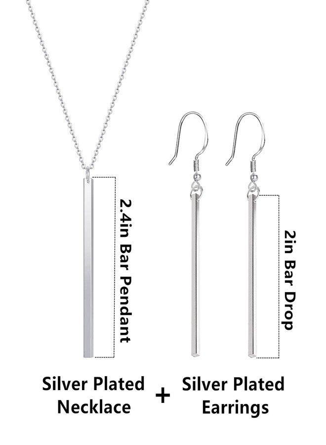 CULOVITY Simple Long Necklace Earrings Set Vertical Bar Pendant Necklaces Bar Drop Earrings Lariat Chain for Women, 2.4" Pendant 35" Chain Silver-Plated - Image 2