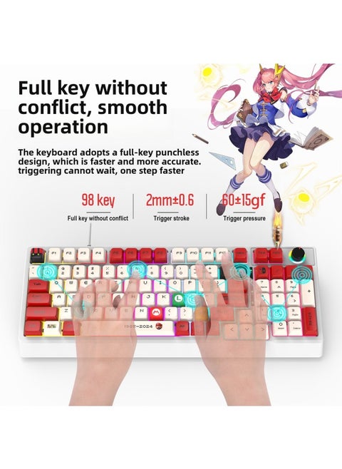 Wired Mechanical Keyboard K98 RGB Light Green Shaft 98 Key Full Key Non-impact E-sports Game Peripherals-Color:K61 White Mario Custom Red Shaft