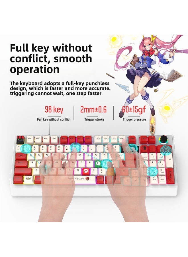 Generic - Wired Mechanical Keyboard K98 RGB Light Green Shaft 98 Key Full Key Non-impact E-sports Game Peripherals-Color:K61 White Mario Custom Red Shaft - Image 1