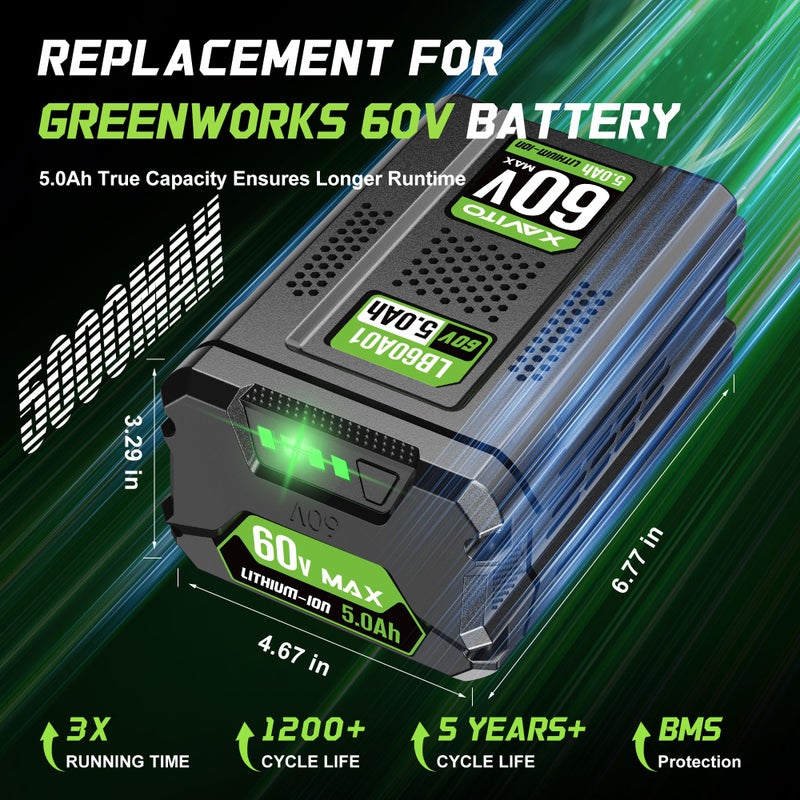 Xavito Replacement For Greenworks 60V Battery 5.0Ah  New Upgraded 5X Longer Runtime  Compatible With Greenworks 60V Cordless Power Tool  For Greenworks Pro 60V Battery Lb60A02 Lb60A03 Lb602 Lb6025 - Image 2