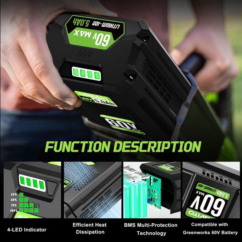 Xavito Replacement For Greenworks 60V Battery 5.0Ah  New Upgraded 5X Longer Runtime  Compatible With Greenworks 60V Cordless Power Tool  For Greenworks Pro 60V Battery Lb60A02 Lb60A03 Lb602 Lb6025 - Image 4