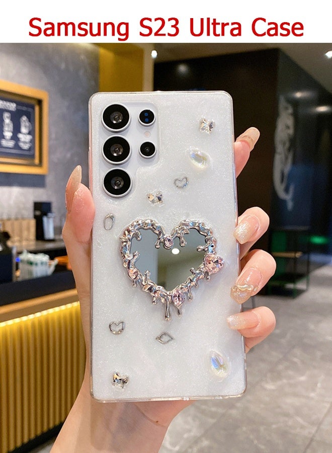 Wffo Compatible with Samsung Galaxy S23 Ultra Phone Case - 3D Heart Shaped Mirror Shiny Phone Case - Rhinestone Shiny Phone Case - TPU Shockproof Protective Phone Cover - Image 1