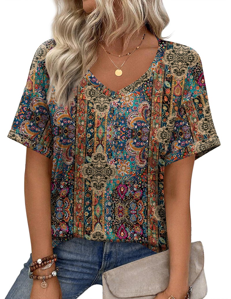 Zeagoo Plus Size Tops for Women Spring Boho Floral Short Sleeve V Neck Loose Fitted Blouses Shirts Khaki XXL - Image 1