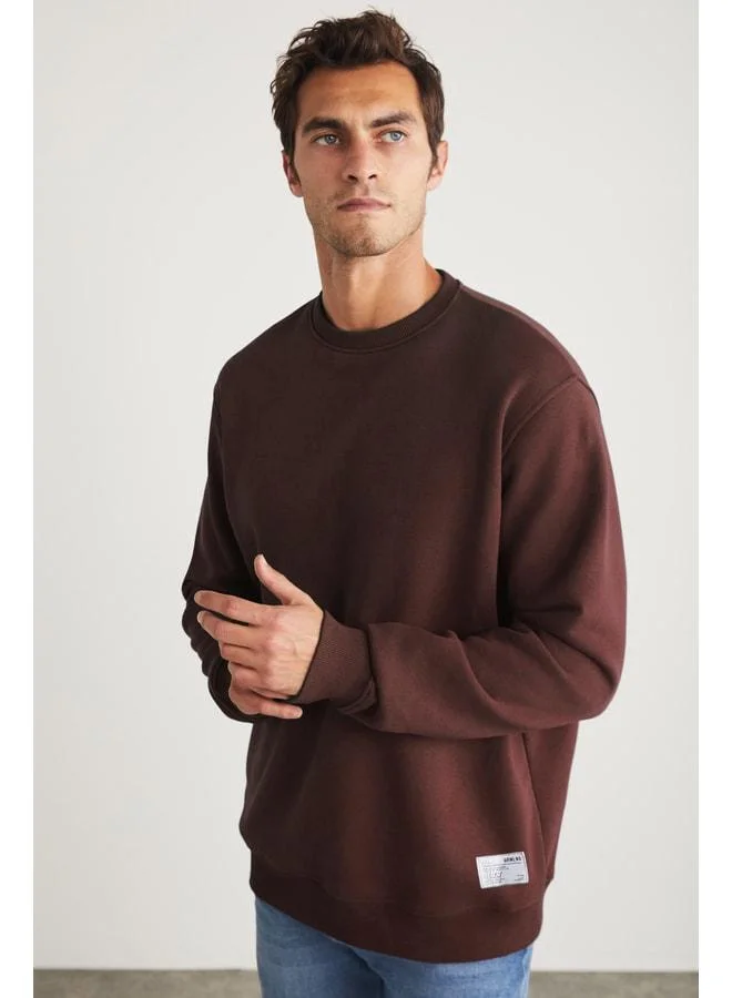 GRIMELANGE TRAVIS Men's Organic Fabric Super Soft Regular Fit Round Neck Dark Brown Sweatshirt.