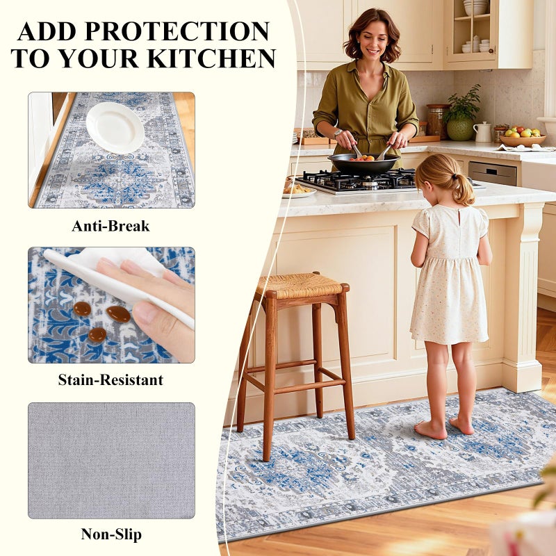 Ileading Boho Kitchen Rugs Set of 3 Washable Kitchen Mats for Floor Non Skid Farmhouse Floor Carpet for Kitchen Hallway Laundry Room,Grey/Blue,20"x32"+20"x48"+20"x59" - Image 3