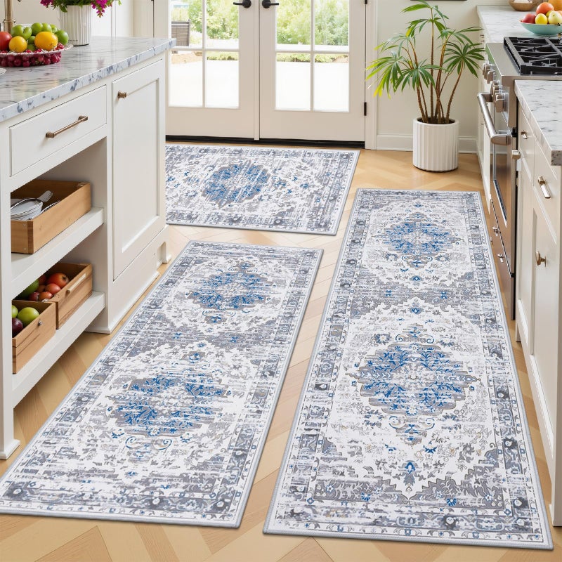 Ileading Boho Kitchen Rugs Set of 3 Washable Kitchen Mats for Floor Non Skid Farmhouse Floor Carpet for Kitchen Hallway Laundry Room,Grey/Blue,20"x32"+20"x48"+20"x59" - Image 1