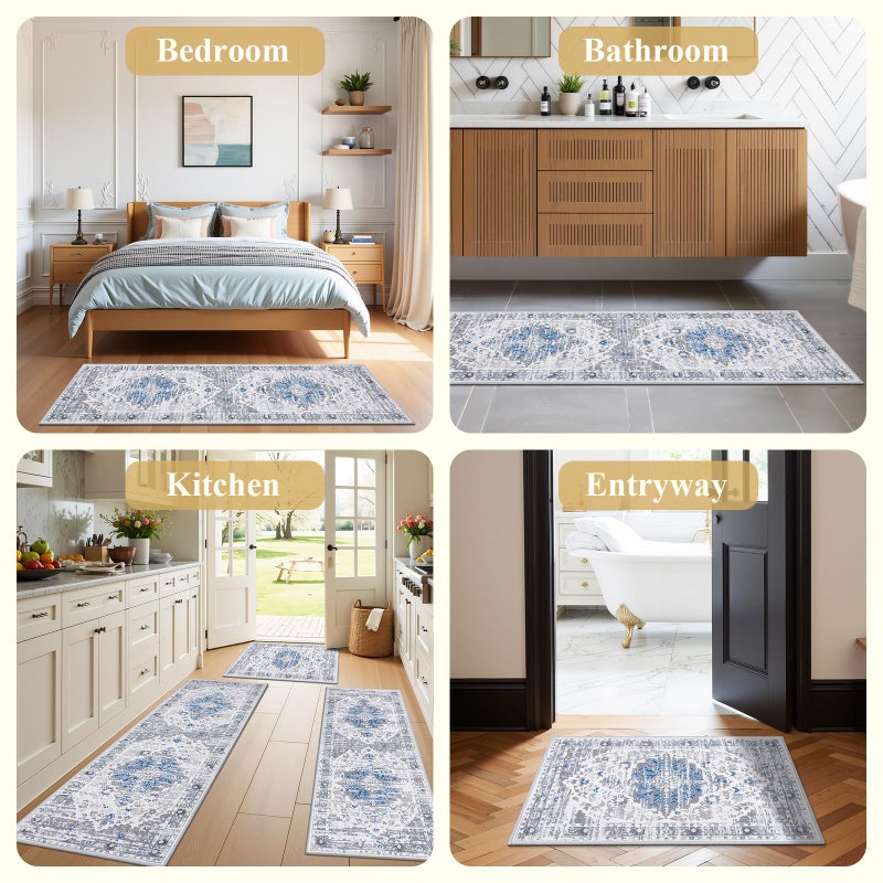 Ileading Boho Kitchen Rugs Set of 3 Washable Kitchen Mats for Floor Non Skid Farmhouse Floor Carpet for Kitchen Hallway Laundry Room,Grey/Blue,20"x32"+20"x48"+20"x59" - Image 4