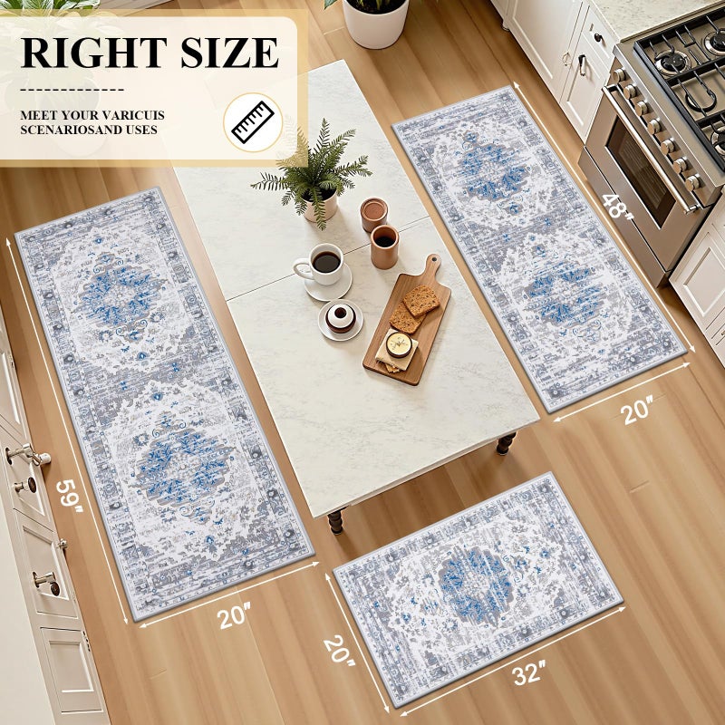 Ileading Boho Kitchen Rugs Set of 3 Washable Kitchen Mats for Floor Non Skid Farmhouse Floor Carpet for Kitchen Hallway Laundry Room,Grey/Blue,20"x32"+20"x48"+20"x59" - Image 2