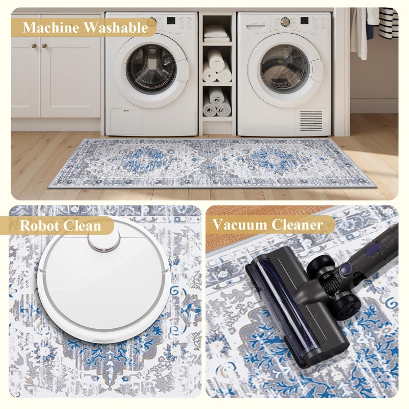 Ileading Boho Kitchen Rugs Set of 3 Washable Kitchen Mats for Floor Non Skid Farmhouse Floor Carpet for Kitchen Hallway Laundry Room,Grey/Blue,20"x32"+20"x48"+20"x59" - Image 5