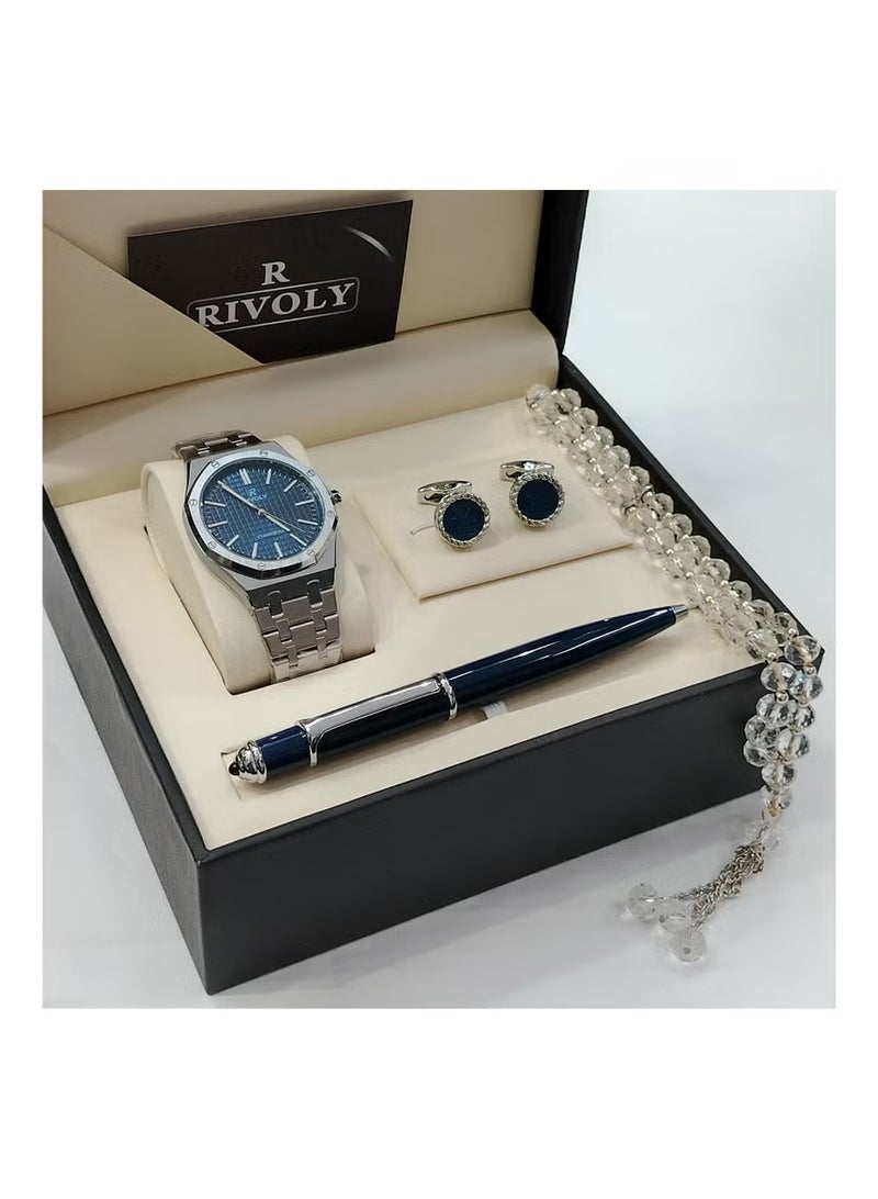 Men's stainless steel set consisting of a watch, a rosary, a pen and cufflinks