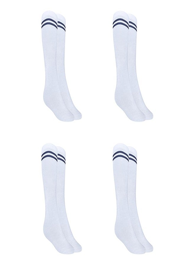 MUKHAKSH (Pack of 4 Pairs = 8 Socks Boys Kids White Socks with Navy Blue Stripes Border Lining White with Navy Blue Stripes School Uniform Dress Socks - Image 1
