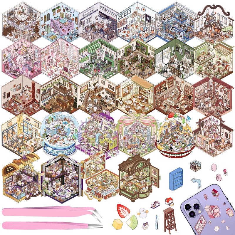 Draupnir DIY 3D House Stickers Scene 28 Set Fun DIY Sticker TherapyMake Your Own Cute 3D Miniature Stickers Scene Sticker for Adult Kids for Relief Stress Pass The Time - Image 2