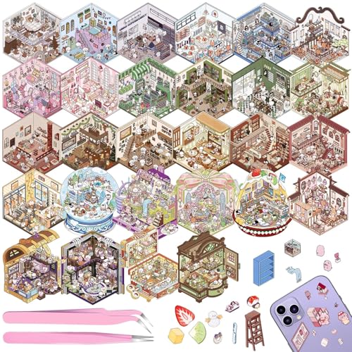Draupnir DIY 3D House Stickers Scene 28 Set Fun DIY Sticker TherapyMake Your Own Cute 3D Miniature Stickers Scene Sticker for Adult Kids for Relief Stress Pass The Time - Image 1