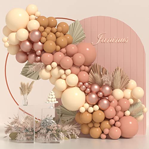 Janinus Boho Balloon Arch Dusty Rose Balloon Garland Kit 130Pcs Dusty Pink Blush Rose Gold Brown Nude Balloons Baby Shower Girl Balloons for Party Decorations Bachelorette Baby Shower Suppliers - Image 1