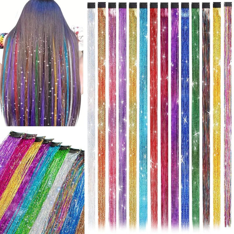 Clip In Tinsel Hair Extensions 14 Colors 197 Inch Glitter Fairy Hair Tinsel Kit Clips Sparking Hairpieces Colorful Hair Accessories for Girls Women Kids Gift Party Favors Highlights